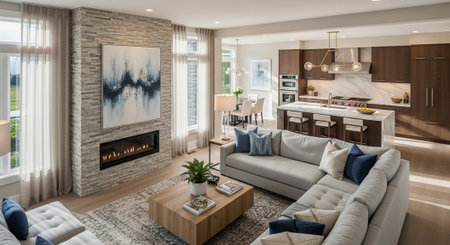 Interior of a modern living room with a fireplace. Nobody inside