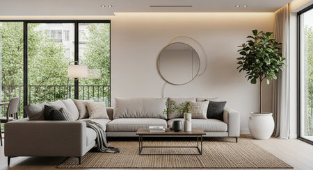 Interior of a living room with a gray sofa and a round mirror.