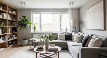 Interior of modern living room with sofa, coffee table and bookshelf