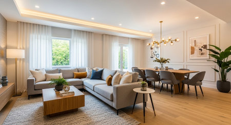 Modern living room interior with sofa, coffee table and other furniture. Nobody inside