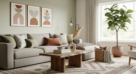 Interior of modern living room with grey sofa 3d render illustration