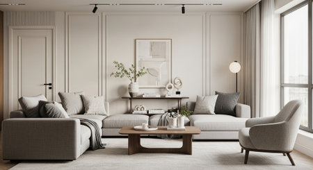 Living room interior with beige sofa and coffee table. 3d rendering