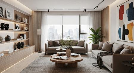 Modern living room interior design with brown sofa, coffee table and city view. 3D Rendering