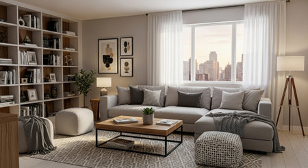 Interior of modern living room with sofa and coffee table 3D rendering