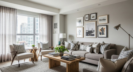 interior of modern living room with sofa, coffee table and decoration