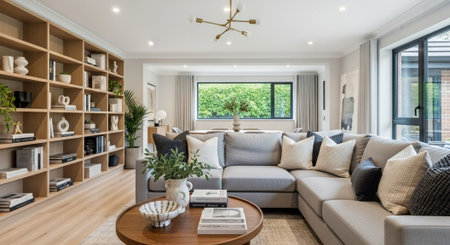 Interior of a modern living room with sofa and bookshelf
