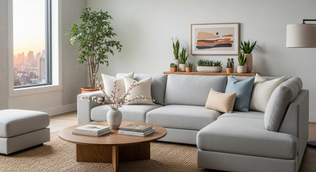 Interior of modern living room with grey sofa, coffee table and plant in vase
