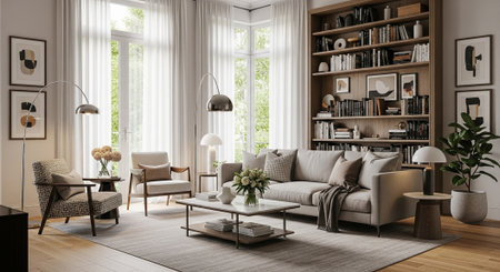 Modern living room interior design 3d render illustration mockup. Living room with sofa, coffee...