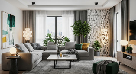 Modern living room interior design with gray sofa, coffee table and plants. 3D Rendering