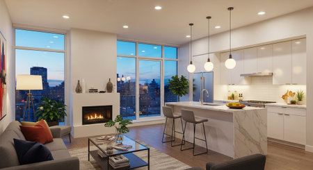 Modern interior of a living room with a panoramic window overlooking the city