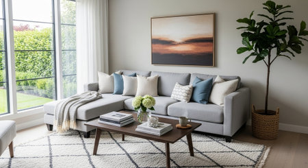 Living room interior with sofa, coffee table, books and plant on carpet