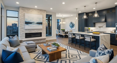 Interior of a modern living room with a panoramic view