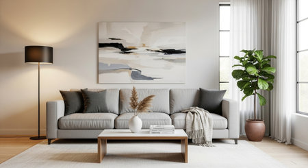 interior with grey sofa, 3d render illustration mock-up