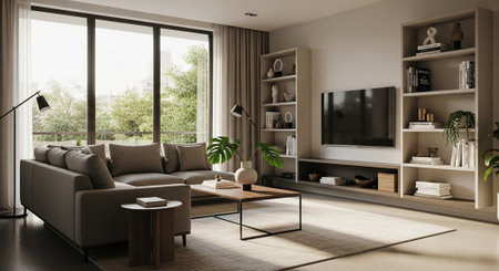 Interior of modern living room with brown sofa 3d Illustration