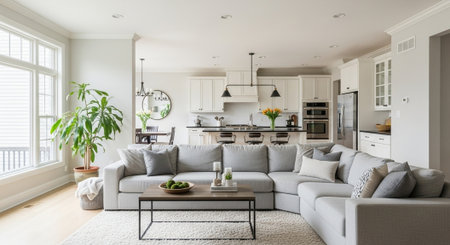 Modern living room interior with grey sofa, coffee table and kitchen island