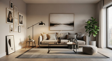 Interior of modern living room with brown sofa, coffee table and paintings. 3d render