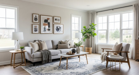 Modern living room interior in scandinavian style. 3d renderの写真素材