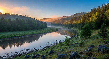 Sunrise over the river in the Carpathian mountains, Ukraine