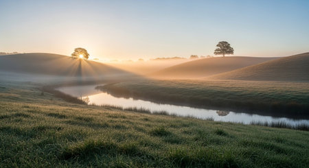 Sunrise over a small river flowing through a field in the English countryside
