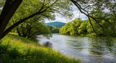 Beautiful spring landscape with river, trees and flowers in the foreground