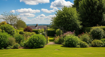 Beautiful English country landscape with a garden and hedgerows.
