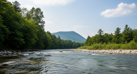 The mountain river flows through the forest on a sunny summer day.
