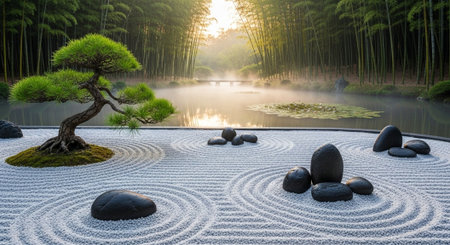 Bonsai in a Japanese garden in the early morning with sunrise