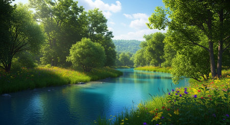 Beautiful summer landscape with river and forest. 3d rendering.