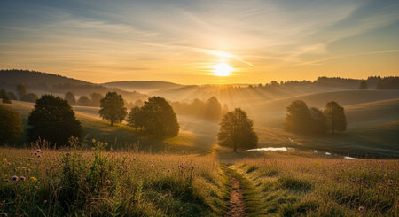 Sunrise over the meadow with fog in the morning. Landscape.