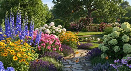 Beautiful flower garden with blooming flowers in the summer time.