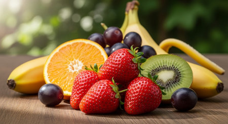 Fresh fruits on a wooden table against the background of the garden.