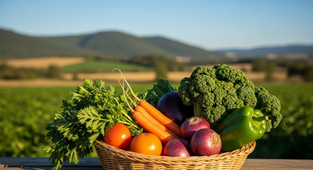 Fresh vegetables in a basket on a wooden table in the countryside.