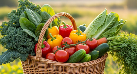 Fresh vegetables in a basket on a background of greenery in the garden