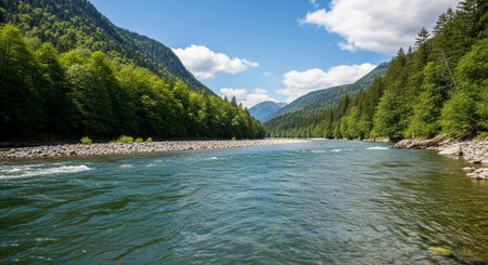 Panoramic view of the mountain river flowing through the green forestの写真素材