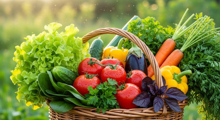 Fresh vegetables in a wicker basket on the background of the garden
