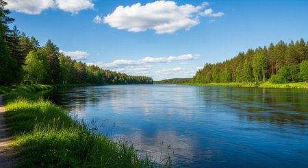 Panoramic view of the river and forest on a sunny summer day