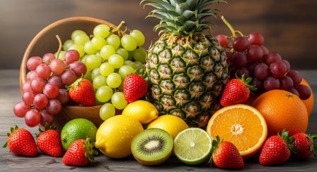 Variety of fresh fruits on wooden background. Healthy food concept.