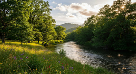 Sunset over the river in the forest. Beautiful spring landscape.