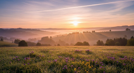 Sunrise over meadow in the foggy morning. Beautiful summer landscape.