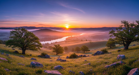 Panoramic view of foggy sunrise over the lake in the mountains