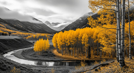 Panoramic view of the autumn alpine scenery with yellow aspens and lake.