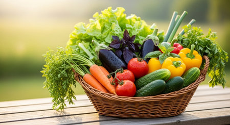Fresh vegetables in a wicker basket on a wooden table in the garden