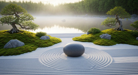 Japanese zen garden with bonsai trees and pond in the morningの写真素材