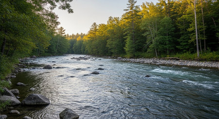 Panoramic view of a mountain river in the forest at sunset