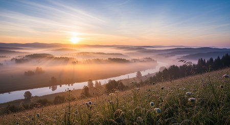 Sunrise over a small river in the steppe of Mongolia.