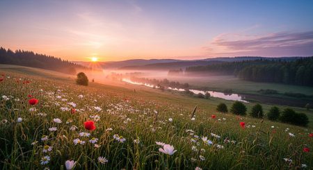 Beautiful summer landscape with sunrise over the river and meadow.