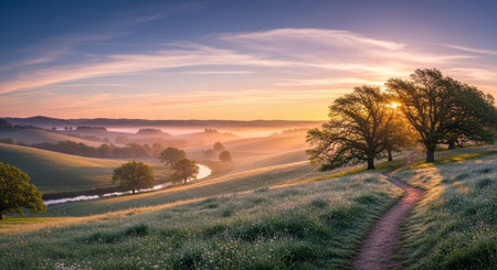 Sunrise over a misty meadow and trees in the foreground