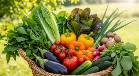 Fresh organic vegetables in a wicker basket on a background of green grass