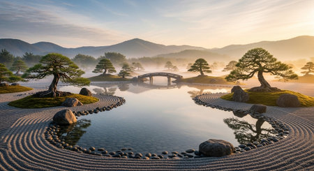 Panoramic view of a serene garden at sunrise with mountains in the background
