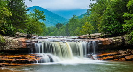 Waterfall in the mountains. Beautiful nature landscape with waterfall in the forest.